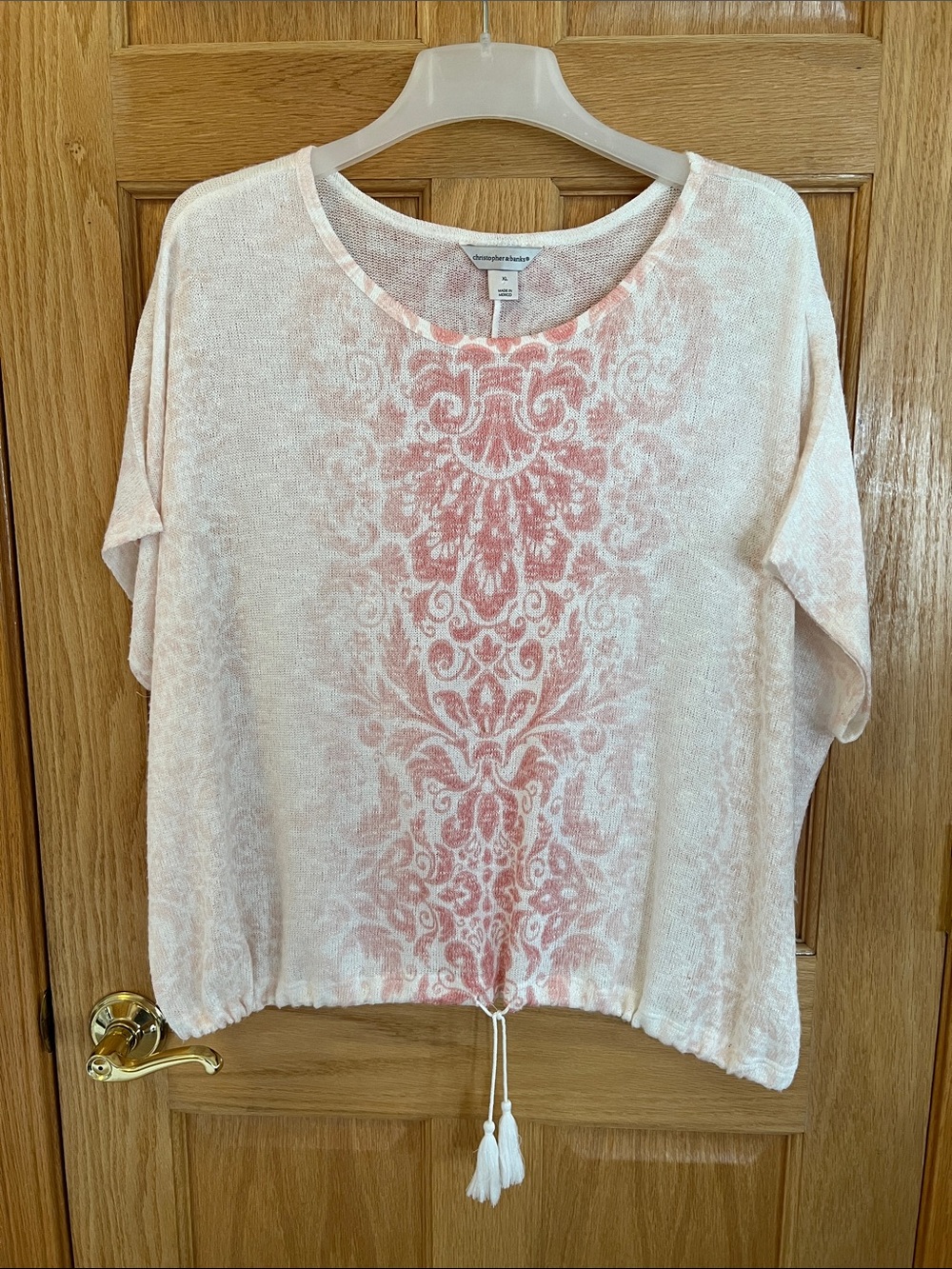 Christopher & Banks Light Pink Printed Drawstring Short Sleeve Top - XL